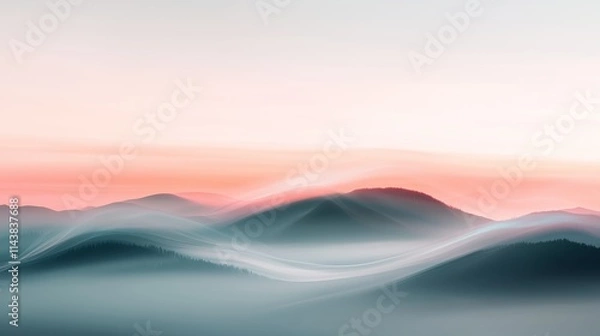 Fototapeta Soft pastel hues blend across misty mountain ridges during sunrise, creating a tranquil morning landscape