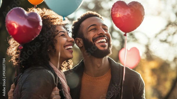 Fototapeta Joyful couple celebrating love with colorful heart-shaped balloons in a sunny outdoor setting, capturing happiness and romance, perfect for Valentine's Day or relationship themes