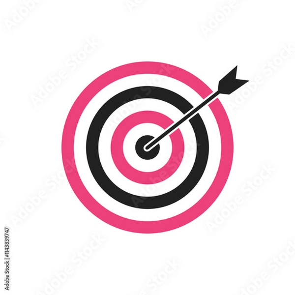 Fototapeta Pink and black bullseye dart target icon. Dart target goal marketing sign. Arrow dart logo vector. Winner dart sign.