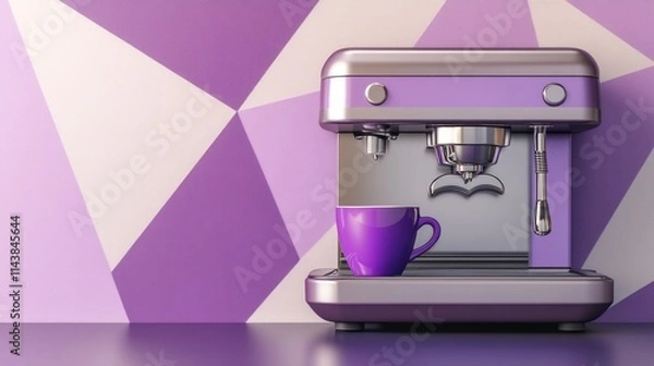Fototapeta Purple espresso machine with cup against geometric background.