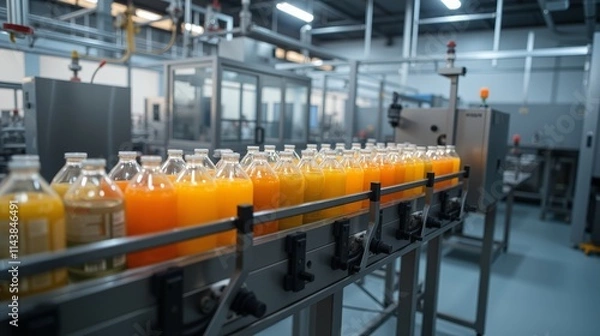 Fototapeta Modern Beverage Factory Interior with Juice Bottles on Conveyor Belt