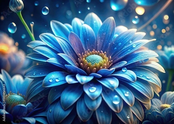 Obraz AI-generated macro reveals surreal blue flowers, glistening with fantasy dew, a floral dreamscape.