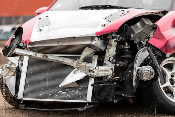 Obraz Cropped image of damaged car crash accident on the road.