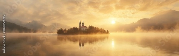 Fototapeta Sunrise illuminates the serene beauty of Lake Bled in Slovenia with mist over water and a distant island church