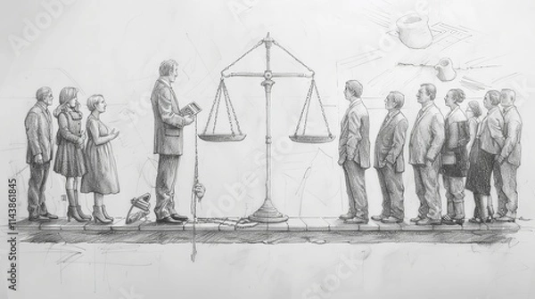 Obraz A philosophical debate on utilitarianism, capturing individuals discussing the greatest good for the greatest number, with symbolic elements like scales and calculators