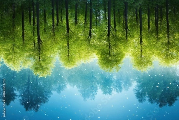 Fototapeta Lush Green Forest Reflected on Calm Water Surface Creating a Serene and Dreamy Landscape Under Soft Diffused Light in a Tranquil Natural Setting
