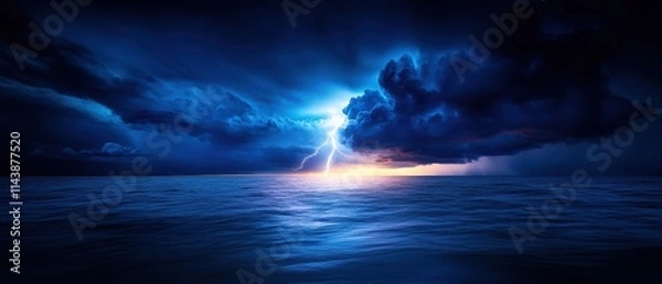 Fototapeta A dramatic seascape showcases dark clouds illuminated by lightning, creating a striking contrast against the calm ocean surface at dusk.