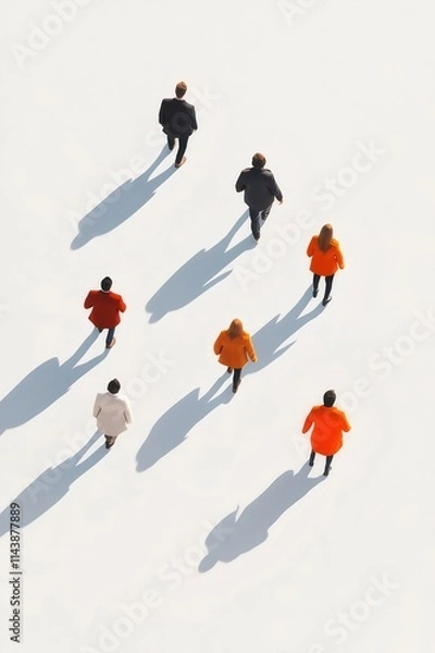 Fototapeta Overhead view of diverse people walking in different directions, casting shadows on a white background.