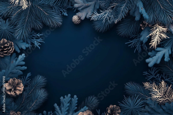 Obraz A festive Christmas frame with fir branches, cones, and colorful ornaments, set against a wintery background with snowflakes and pine trees, perfect for a holiday greeting card design,Generated By Ai