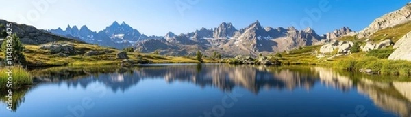 Fototapeta A stunning panoramic view of majestic mountains reflecting in a serene lake under a clear blue sky, surrounded by lush greenery.