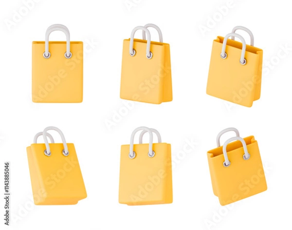 Fototapeta Shopping bag 3d icon set. Yellow shopping bags in different view isolated on white. Vector collection realistic gift bag. Online or retail shopping symbol. Sale, discount concept.