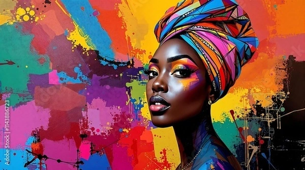 Fototapeta A vibrant portrait of a woman with colorful abstract patterns on her face and a bright patterned headwrap, set against a dynamic, splattered background