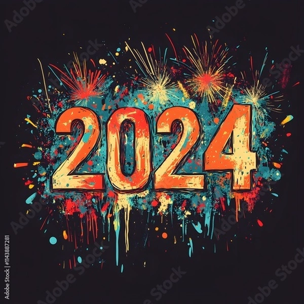 Fototapeta Typographic 2024 design with fireworks and confetti.