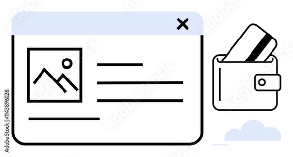 Obraz Computer window showing document with image, lines of text. Wallet with credit card beside window. Ideal for e-commerce, online payments, financial apps, secure transactions, digital wallets