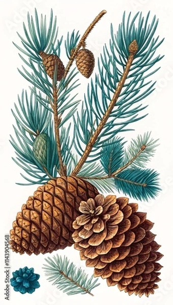Fototapeta Vintage Botanical Illustration, Pine Cones & Teal Blue Spruce Branch V4