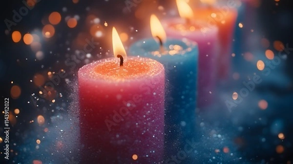Fototapeta Sparkling pink and blue candles burning brightly with bokeh lights.