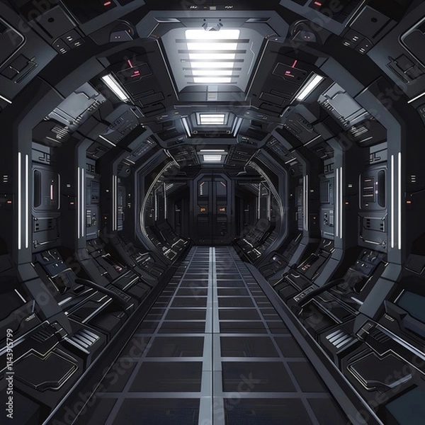 Fototapeta Futuristic spaceship corridor interior. 