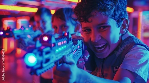 Obraz Cheerful Children Engaged in an Exciting Laser Tag Game, Laughing and Bonding in a Neon-Lit Entertainment Center