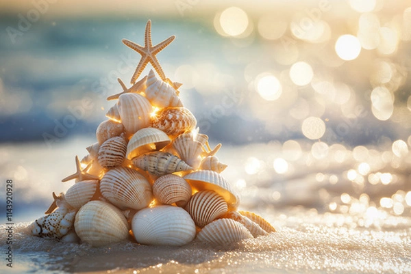Obraz Beach Christmas Tree with Starfish and Seashells by Sparkling Waves