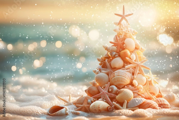 Obraz Beach Christmas Tree with Starfish and Seashells by Sparkling Waves