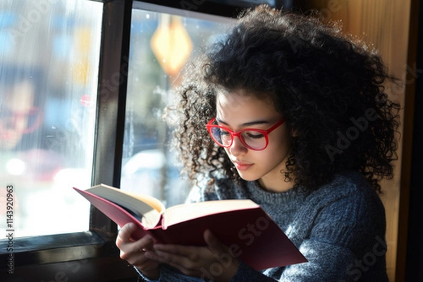 Obraz Young Woman with Curly Hair and Red Glasses Reading by a Sunny Window, Immersed in Her Book