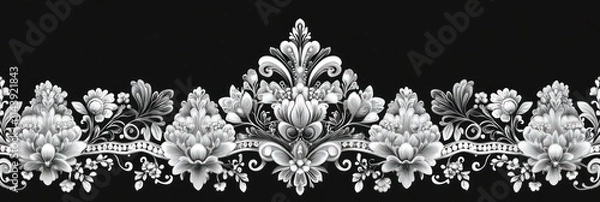 Fototapeta Elegant grayscale floral damask border design.