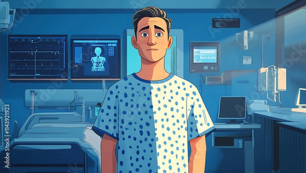 Fototapeta Cartoon-Style Illustration of a Male Patient in Hospital Gown Standing in a Modern Flat with Medical Equipment and Futuristic Technology in the Background