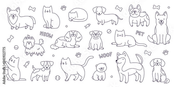 Fototapeta Outline pets collection. Vector cat and dogs sketch set. Cute doodle pets bundle.