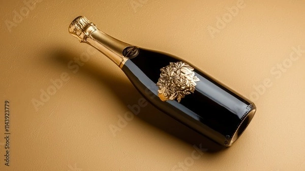 Obraz Elegant black bottle of sparkling wine with intricate golden design on the label, set against a smooth gold background, ideal for celebrations and special occasions