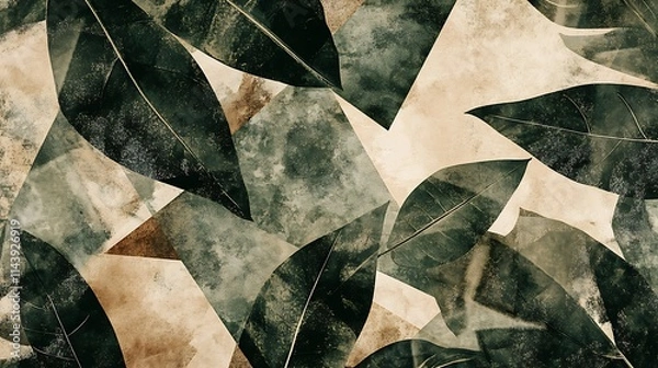 Fototapeta Abstract dark green and beige leaf pattern, textured background.