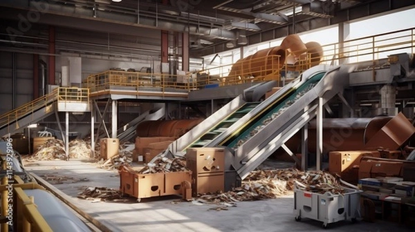 Obraz Highly Efficient Automated Recycling Plant with Advanced Conveyor Belt Systems Sorting and Processing a Wide Range of Materials for Sustainable Waste Management