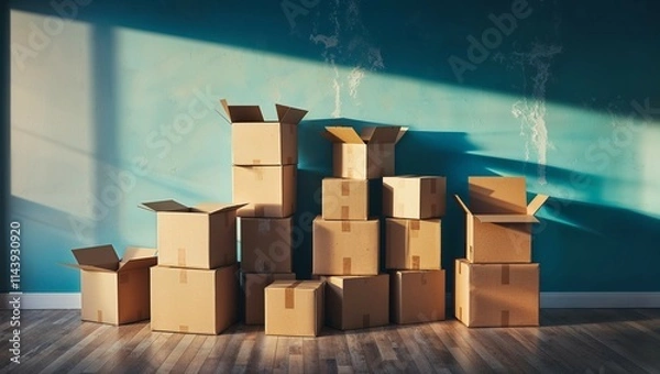 Fototapeta 3D render of a cardboard box package on a wooden pallet in a warehouse