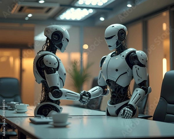 Fototapeta A robot offering a handshake in a futuristic conference room Generative AI