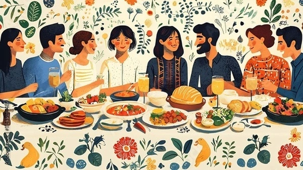 Fototapeta A diverse group of people sharing a meal together at a large table featuring traditional dishes from multiple cultures in a harmonious and celebratory setting