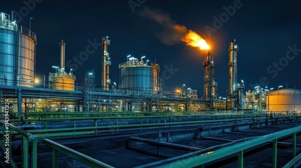 Fototapeta Night view of illuminated refinery with flaring gas stack.