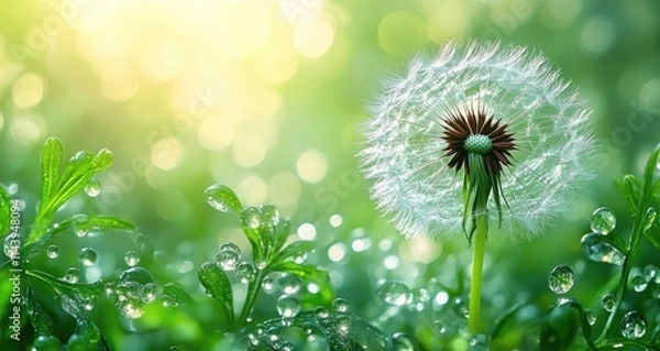 Obraz A dandelion flower among green leaves and dew drops