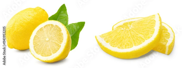 Fototapeta lemon with slice and green leaves isolated on white background. clipping path