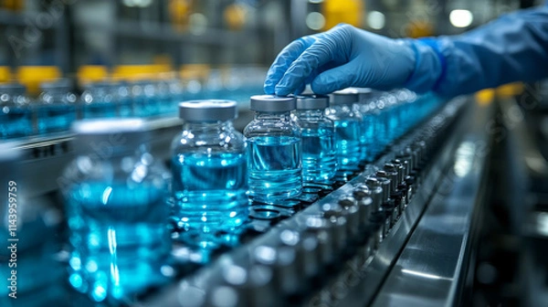 Obraz A person is touching a row of blue bottles