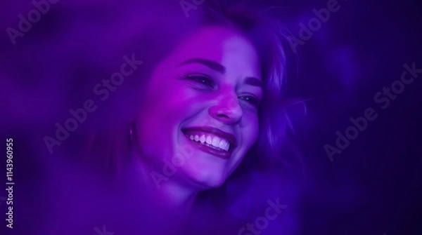 Fototapeta Vibrant portrait of smiling woman illuminated by neon purple lighting, artistic & joyful mood. Happy positive joyful face with confident 