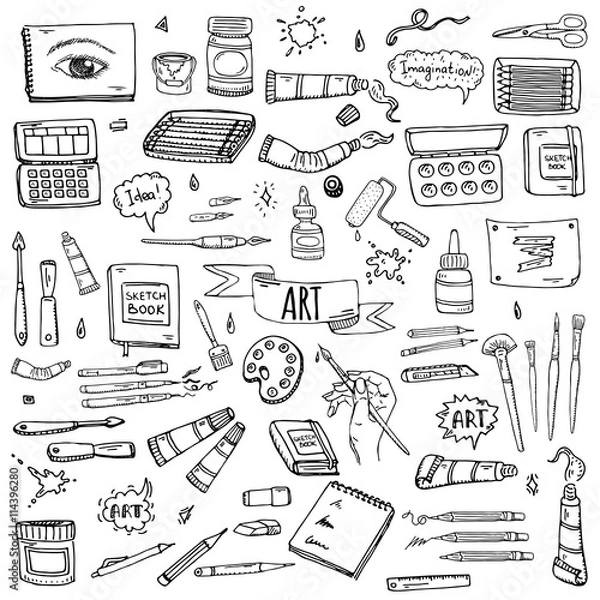 Obraz Hand drawn doodle Art and Craft tools icons set Vector illustration art instruments symbols collection Cartoon various art tools Brush Watercolor Paint Artist elements on white background Sketch