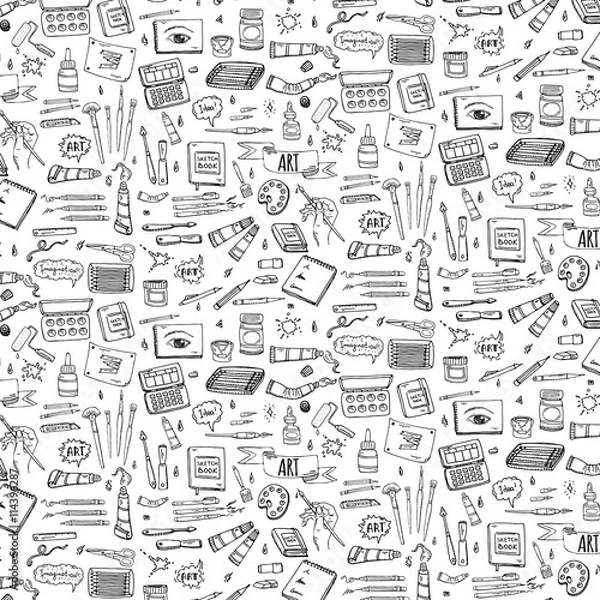 Obraz Seamless background hand drawn doodle Art and Craft tools icons set Vector illustration art instruments symbols collection Cartoon various art tools Brush Watercolor Paint Artist elements Sketch
