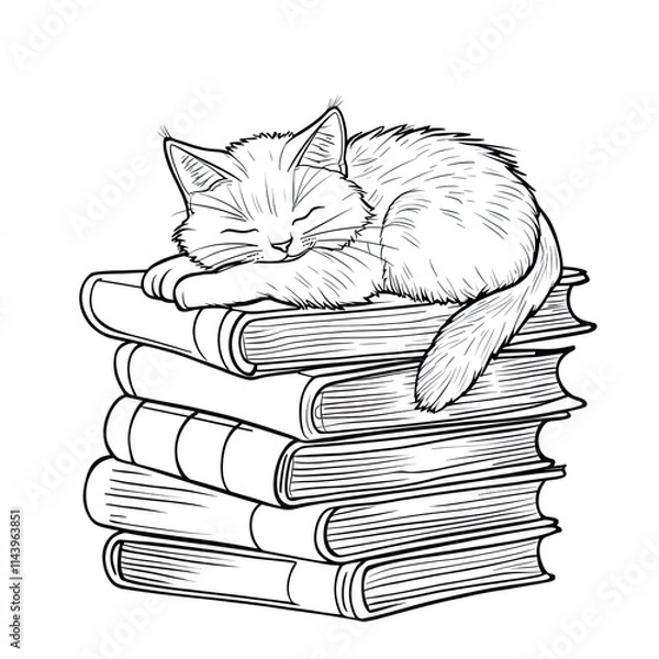 Obraz Simple Coloring Page: Cute Cat Napping on a Stack of Books for Kids
