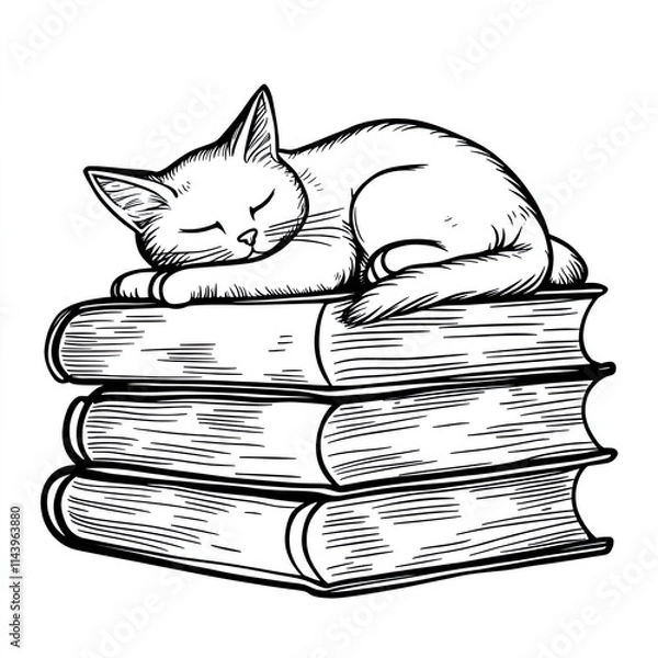 Obraz Simple Coloring Page: Cat Napping on a Stack of Books for Kids