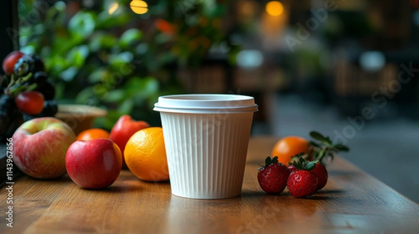Fototapeta A white paper cup sits on a wooden table next to assorted fruits, including apples, oranges, and strawberries.  The scene is softly lit, creating a calm and inviting atmosphere.