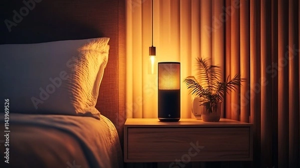 Obraz Smart speaker on bedside table at night, warm light.
