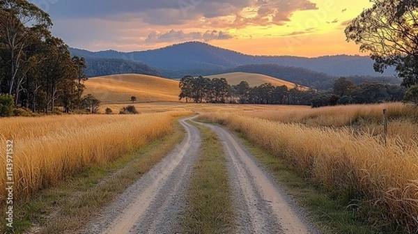 Fototapeta Winding Dirt Road Through Golden Autumn Fields with Distant Rolling Hills and Warm Afternoon Lighting