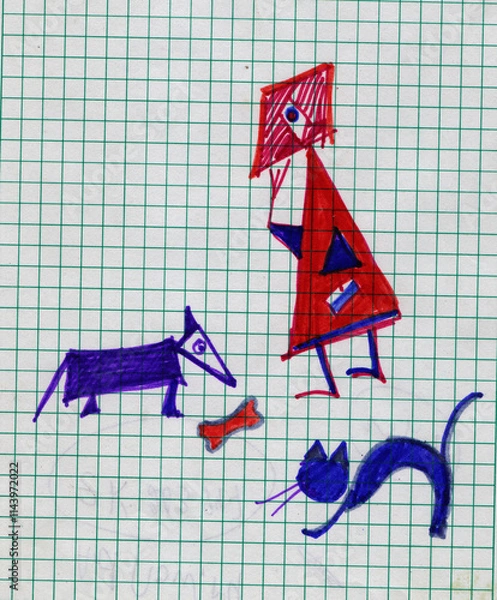 Fototapeta A woman walking with a dog and a cat