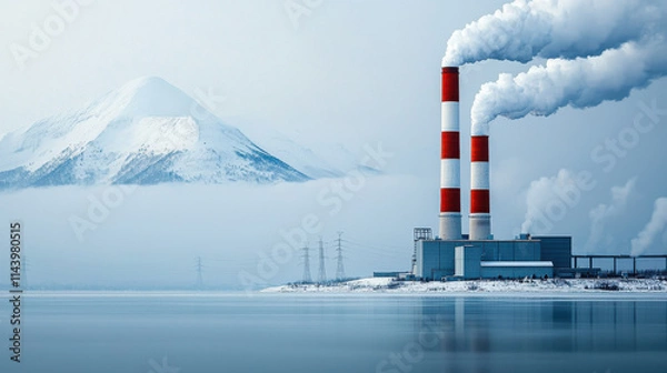 Fototapeta High quality imagery of coal electricity generation plant with red and white smokestacks, surrounded by mountains and fog. serene landscape contrasts with industrial activity