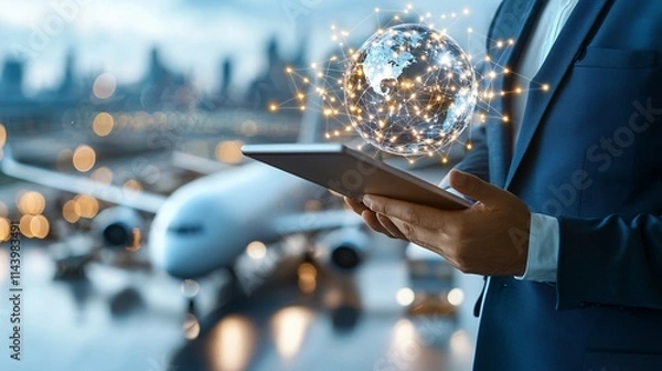 Obraz Multimodal Transport concept. A business professional holds a tablet displaying a glowing globe, with an airplane and city skyline in the background.