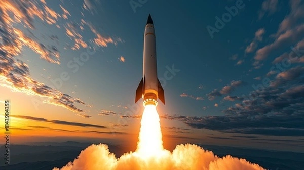 Fototapeta Rocket launches into the sky, illuminating the twilight with powerful flames and smoke, marking an extraordinary moment in space exploration
